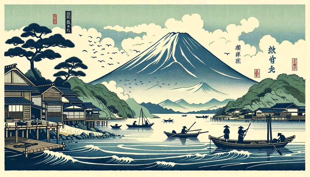 Japanese Wallpaper Murals | Mount Fuji and Lake Japan with Boats - Carving wallpaper
