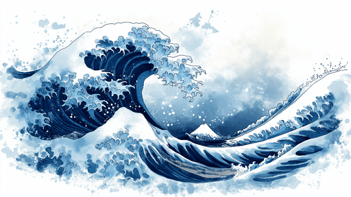 Japanese Wave Wallpaper Mural | Blue and White Watercolor Art - Carving wallpaper