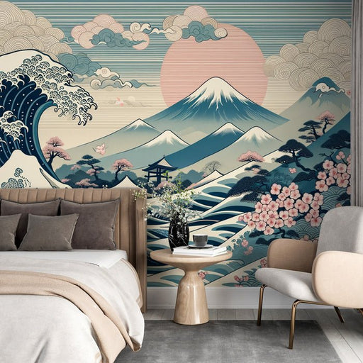 Japanese Wave Wallpaper Mural | Mount Fuji and Japanese Cherry Roses - Carving wallpaper