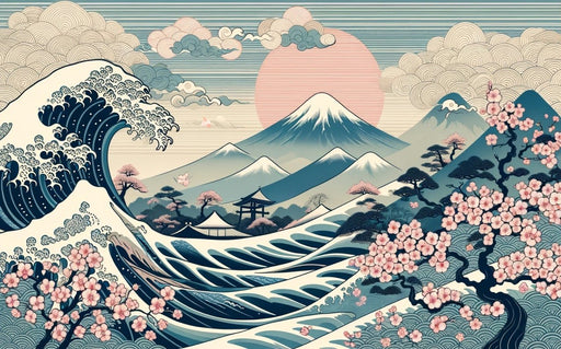 Japanese Wave Wallpaper Mural | Mount Fuji and Japanese Cherry Roses - Carving wallpaper