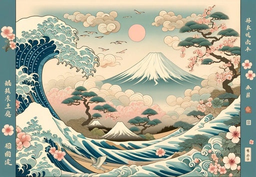Japanese Wave Wallpaper Mural | Mount Fuji and Japanese Cloud White - Carving wallpaper