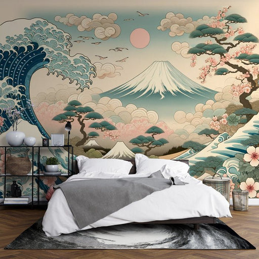 Japanese Wave Wallpaper Mural | Mount Fuji and Japanese Cloud White - Carving wallpaper