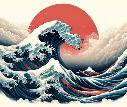 Japanese Wave Wallpaper Mural | Red Sun and White Clouds Behind - Carving wallpaper
