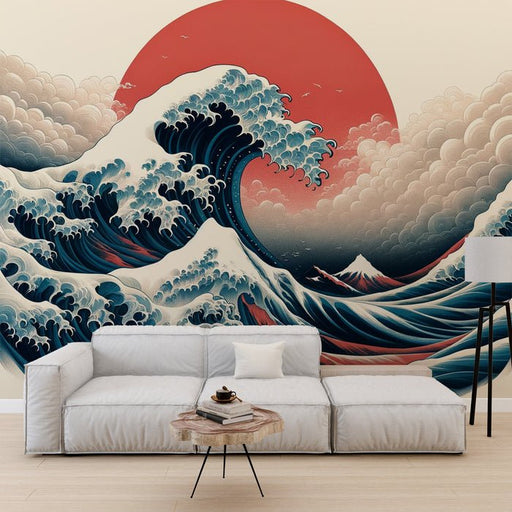 Japanese Wave Wallpaper Mural | Red Sun and White Clouds Behind - Carving wallpaper