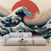 Japanese Wave Wallpaper Mural | Red Sun and White Clouds Behind - Carving wallpaper