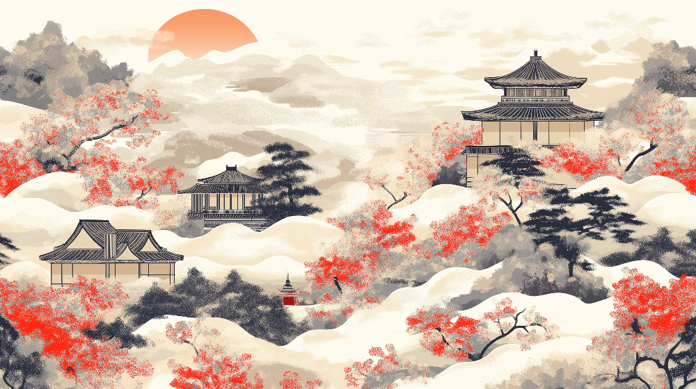Japanese Wind and Snow Wallpaper Mural | Traditional Architectural Landscape - Carving wallpaper