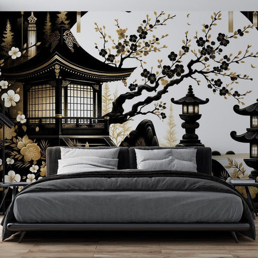 Japanese Zen wallpaper mural with temple on the back of the full moon - Carving wallpaper