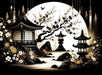 Japanese Zen wallpaper mural with temple on the back of the full moon - Carving wallpaper