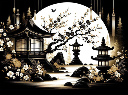 Japanese Zen wallpaper mural with temple on the back of the full moon - Carving wallpaper