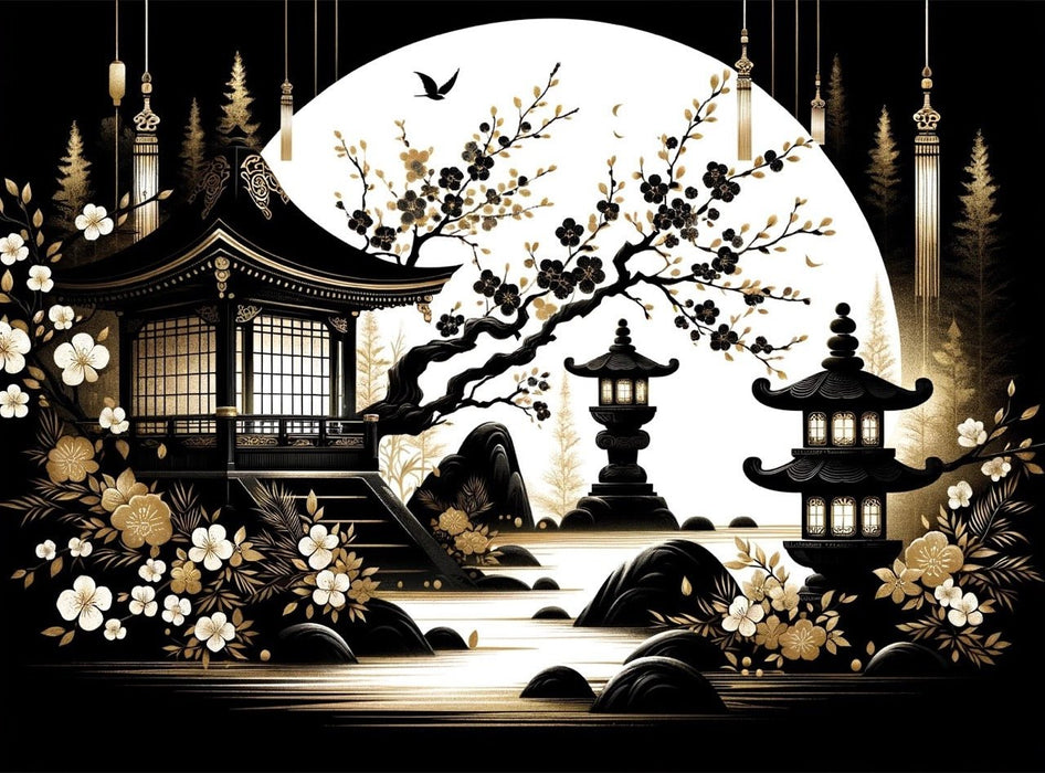 Japanese Zen wallpaper mural with temple on the back of the full moon - Carving wallpaper