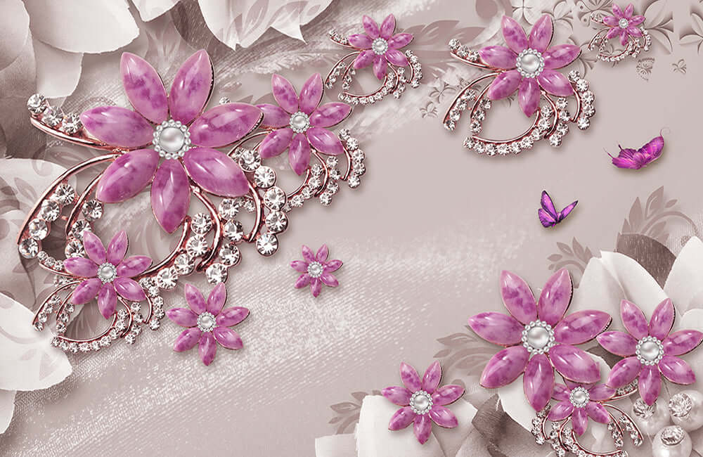 Jewelry, Flower, Wallpaper, Mural | Creative Jewelry Design: three-dimensional pink flower jewelry wallpaper mural with rhinestone accents