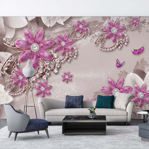 Jewelry, Flower, Wallpaper, Mural | Creative Jewelry Design: three-dimensional pink flower jewelry craftsmanship decor wallpaper mural with Swarovski rhinestones on wall art