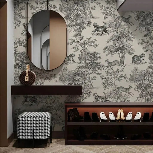 Jungle Animal Wallpaper I Black and White Line Animals - wallpaper with tigers and deer in a monochrome jungle motif for living rooms, bedrooms, and kids' rooms