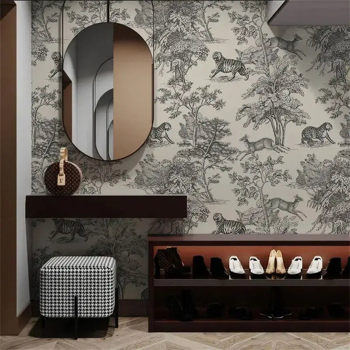 Jungle Animal Wallpaper I Black and White Line Animals - wallpaper with tigers and deer in a monochrome jungle motif for living rooms, bedrooms, and kids' rooms