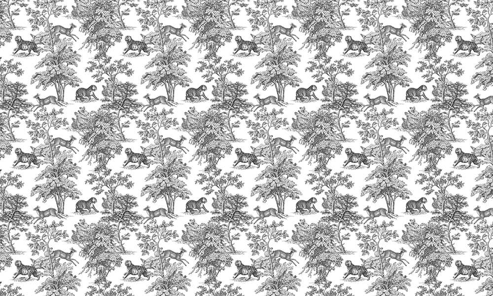 Jungle Animal Wallpaper I Black and White Line Animals - white line jungle wallpaper featuring tigers, cheetahs, and spirit deer among trees