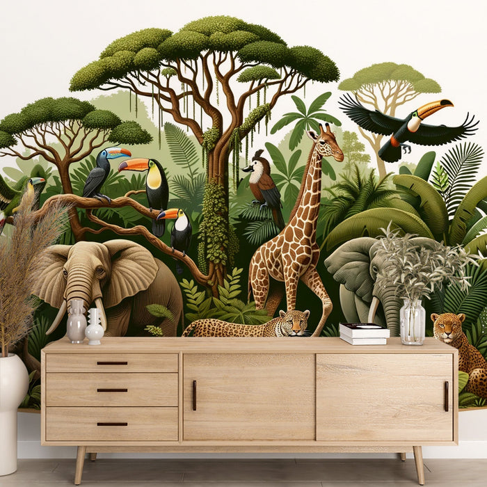 Jungle animal wallpaper mural | Giraffes, cheetahs, elephants, toucans - Carving wallpaper
