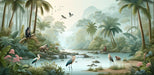 Jungle Animal Wallpaper Mural | Monkeys, Egrets, Birds, and Flying Birds - Carving wallpaper