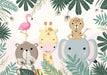 Jungle Animal Wallpaper Mural - Playful Kids Room Decor with giraffe, elephant, bear, leopard and friends in a lush jungle scene