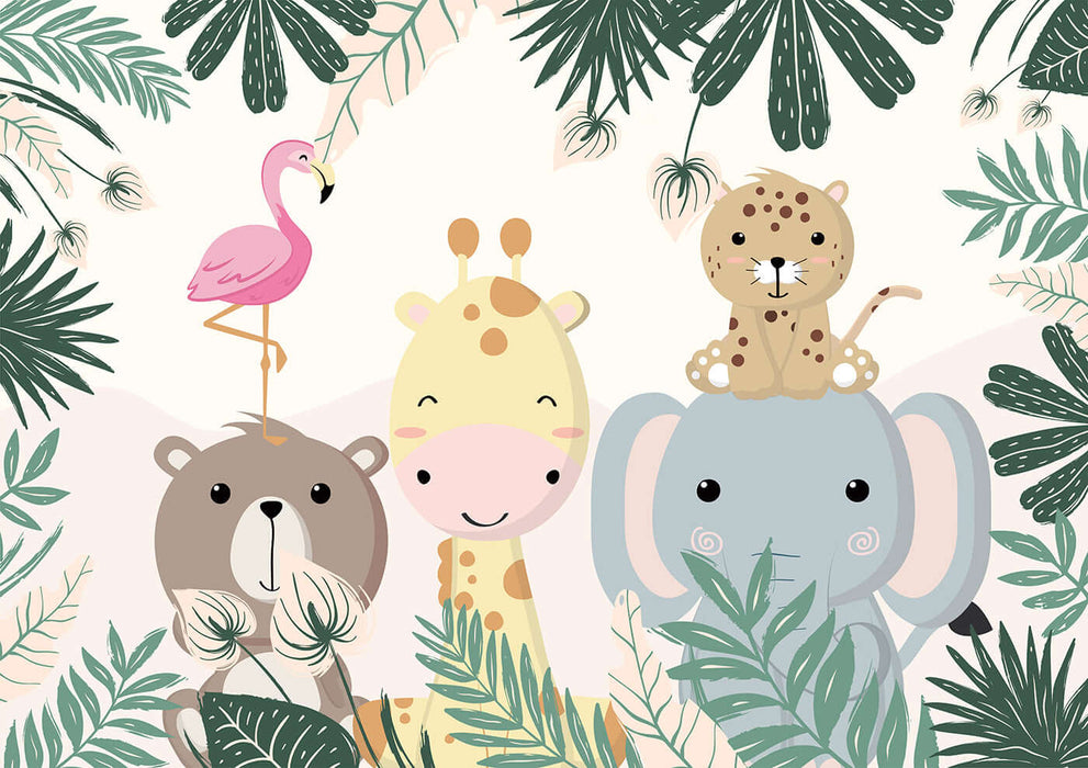 Jungle Animal Wallpaper Mural - Playful Kids Room Decor with giraffe, elephant, bear, leopard and friends in a lush jungle scene