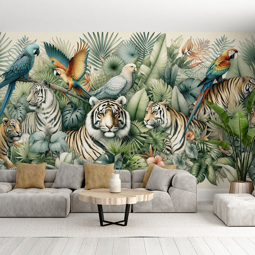 Jungle Animal Wallpaper Mural | Tigers and Parrots in Tropical Vegetation - Carving wallpaper