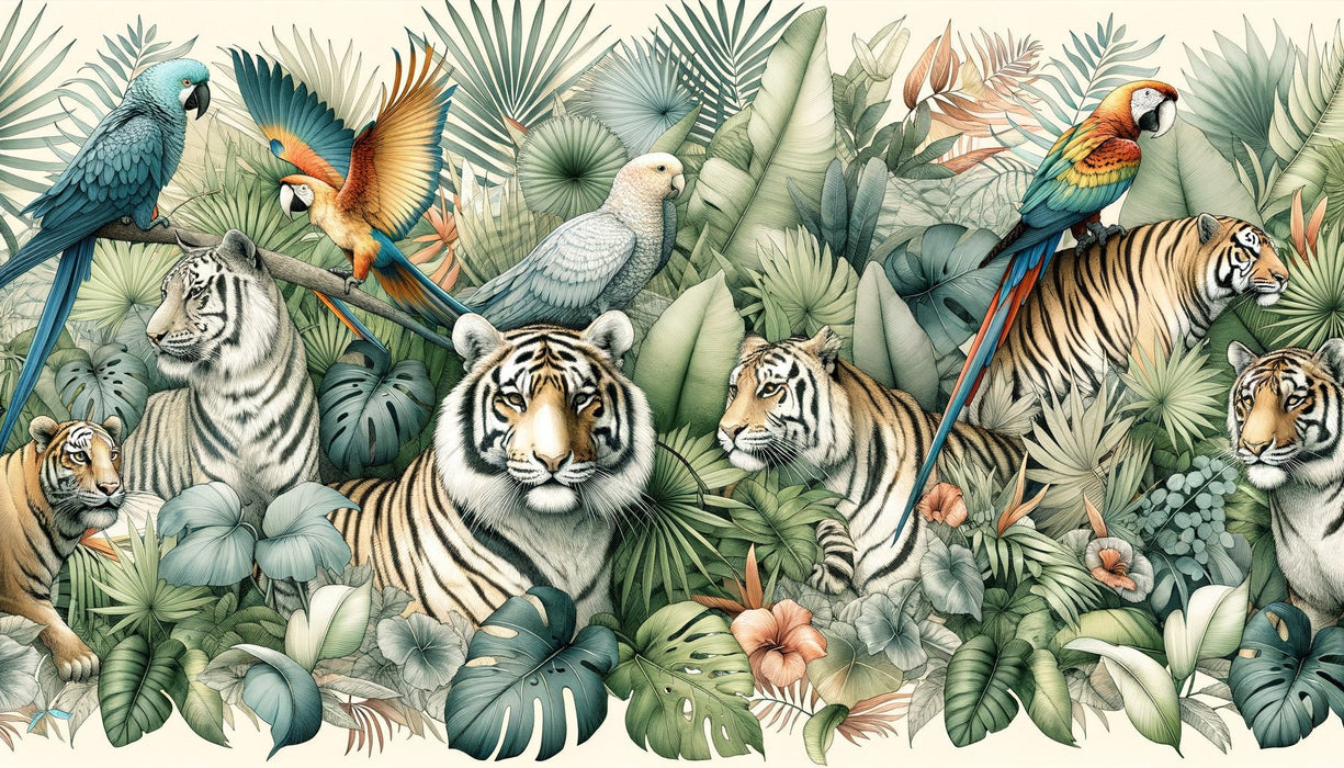 Jungle Animal Wallpaper Mural | Tigers and Parrots in Tropical Vegetation - Carving wallpaper
