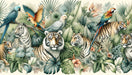 Jungle Animal Wallpaper Mural | Tigers and Parrots in Tropical Vegetation - Carving wallpaper