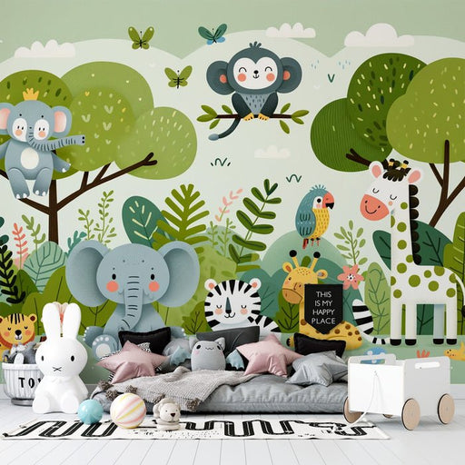 Jungle Children Wallpaper Mural | Cartoon Jungle Animals - Carving wallpaper