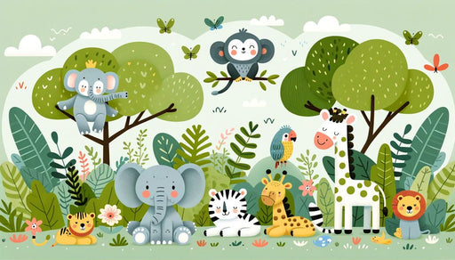 Jungle Children Wallpaper Mural | Cartoon Jungle Animals - Carving wallpaper