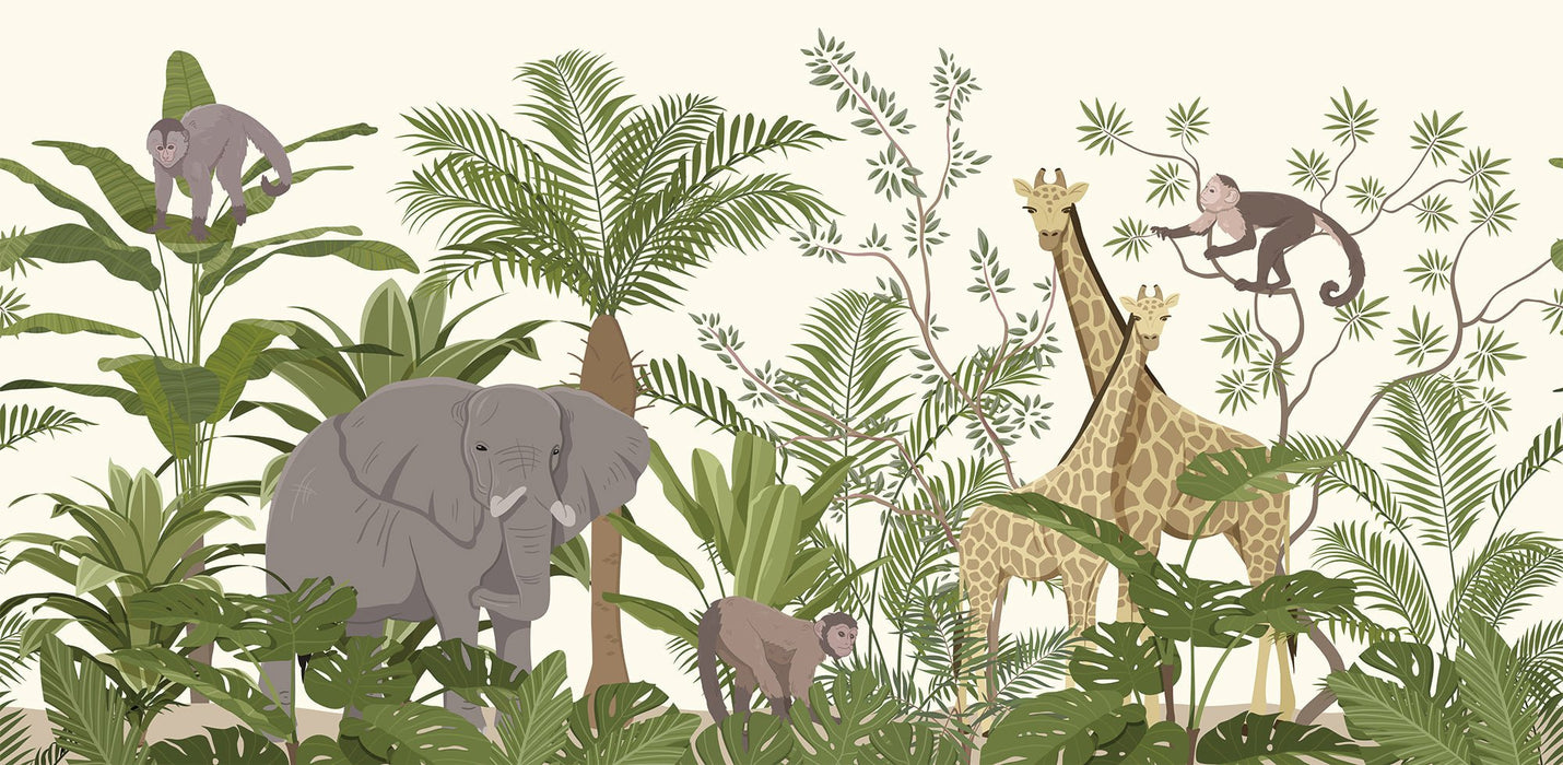 Jungle Children Wallpaper Mural | Giraffes and Elephants - Carving wallpaper