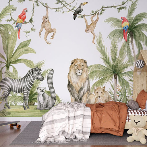 Jungle Children Wallpaper Mural | Zebra Lion Monkey - Carving wallpaper