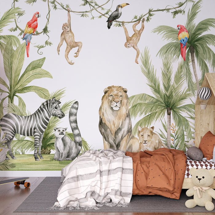 Jungle Children Wallpaper Mural | Zebra Lion Monkey - Carving wallpaper