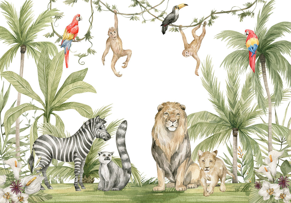 Jungle Children Wallpaper Mural | Zebra Lion Monkey - Carving wallpaper