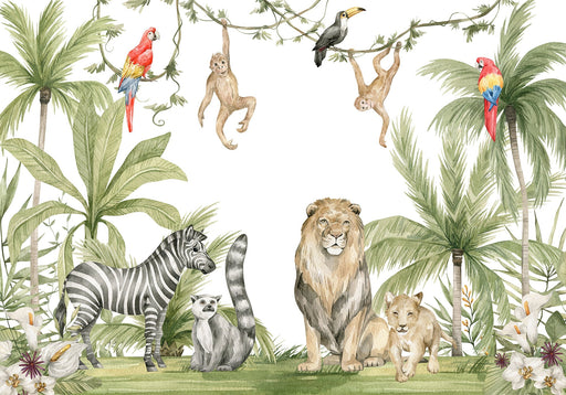 Jungle Children Wallpaper Mural | Zebra Lion Monkey - Carving wallpaper