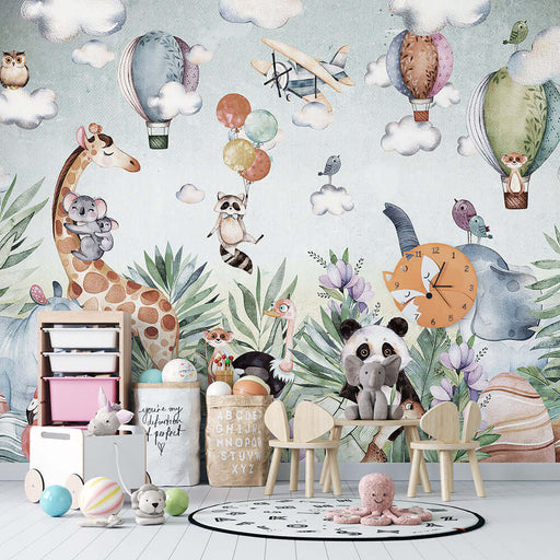 Jungle Pet Hot Air Balloon Wallpaper Mural | Kids Room Adventure Decor | Playful Nursery Wall Design