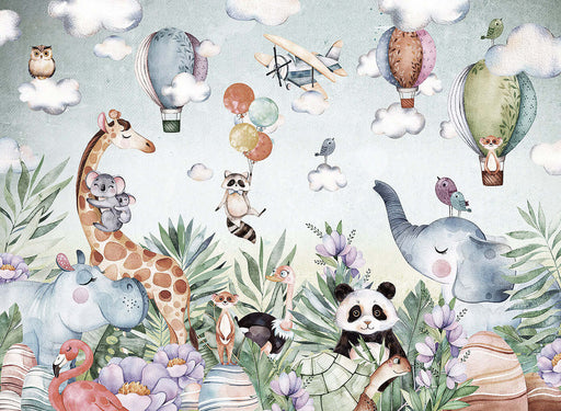 Jungle Pet Hot Air Balloon Wallpaper Mural | Kids Room Adventure Decor | Playful Nursery Wall Design