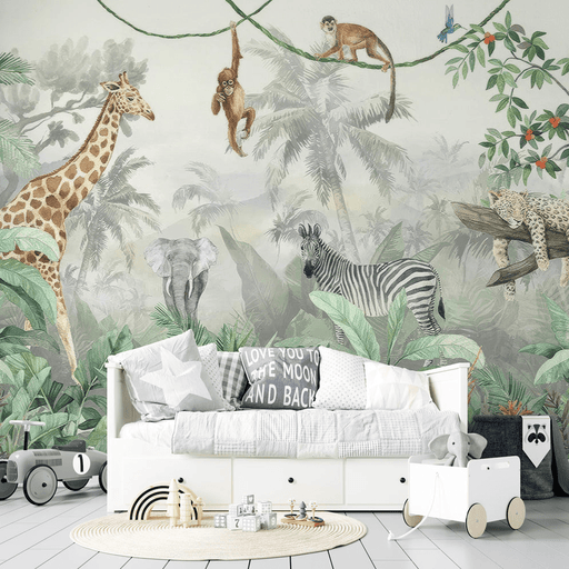 Jungle Wallpaper Giraffes Monkeys Elephants Tigers - Carving wallpaper
