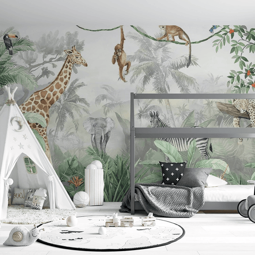 Jungle Wallpaper Giraffes Monkeys Elephants Tigers - Carving wallpaper