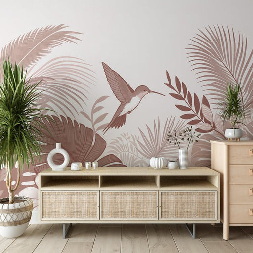 Jungle Wallpaper Mural | Hummingbird and Retro Leaves - Carving wallpaper