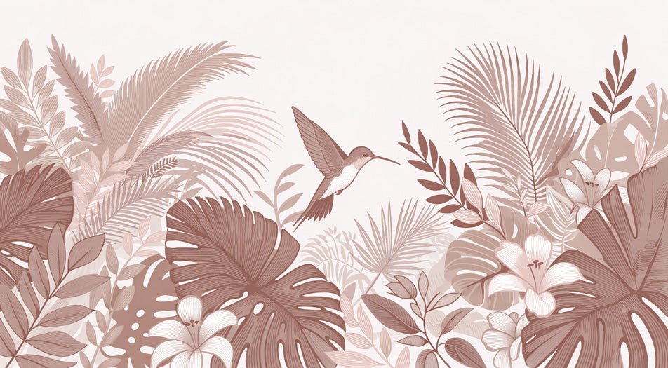 Jungle Wallpaper Mural | Hummingbird and Retro Leaves - Carving wallpaper