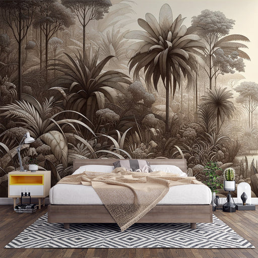 Jungle Wallpaper Mural | Tropical Brown Tone - Carving wallpaper
