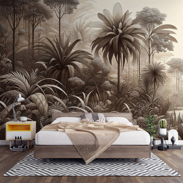 Jungle Wallpaper Mural | Tropical Brown Tone - Carving wallpaper