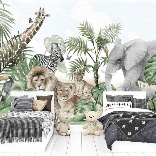 Jungle Wallpaper Wildlife — vibrant jungle scene with lions, zebra, elephant, giraffe, toucans, butterflies and lush tropical plants accenting two beds