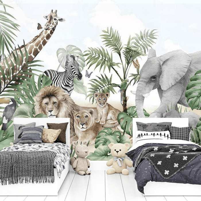 Jungle Wallpaper Wildlife — vibrant jungle scene with lions, zebra, elephant, giraffe, toucans, butterflies and lush tropical plants accenting two beds