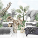 Jungle Wallpaper Wildlife — vibrant jungle scene with lions, zebra, elephant, giraffe, toucans, butterflies and lush tropical plants accenting two beds