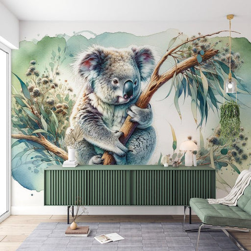 Koala Wallpaper Mural | Green Natural Watercolor Painting - Carving wallpaper