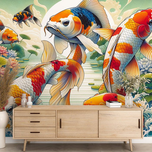 Koi Carp Wallpaper Mural | Lotus and Lotus Leaf Natural Water Scenery - Carving wallpaper