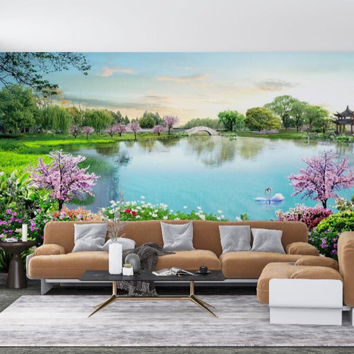 Lake View Flower Wallpaper | Chinese Garden Landscape Mural Painting - Carving wallpaper