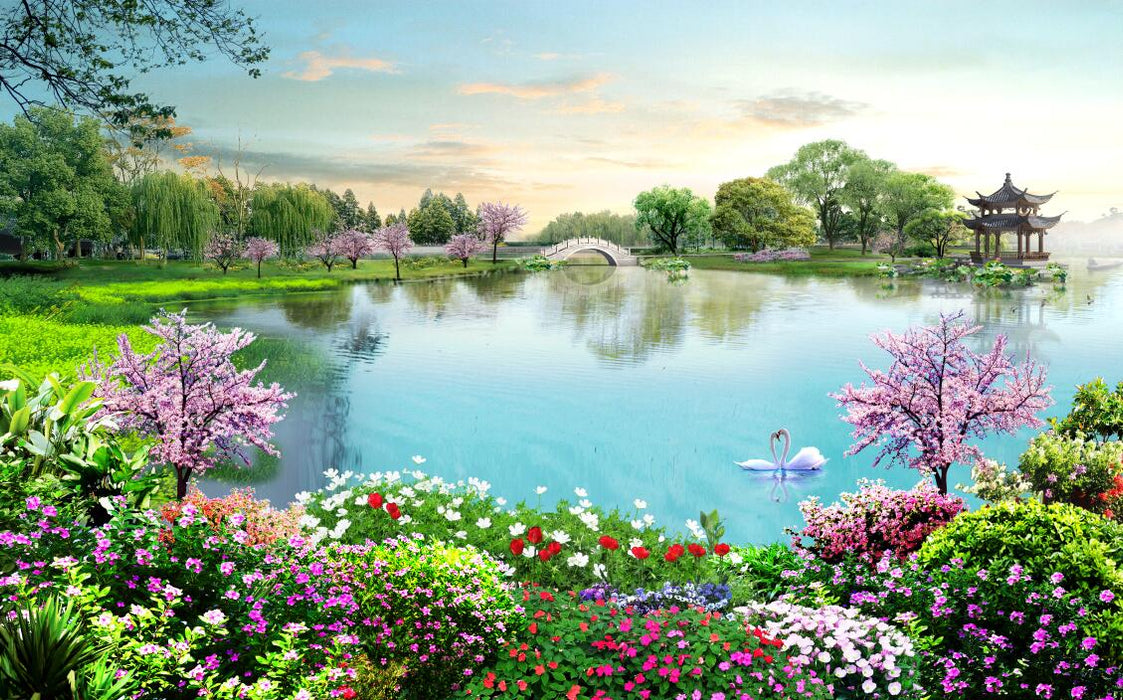 Lake View Flower Wallpaper | Chinese Garden Landscape Mural Painting - Carving wallpaper