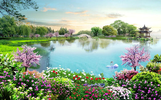 Lake View Flower Wallpaper | Chinese Garden Landscape Mural Painting - Carving wallpaper