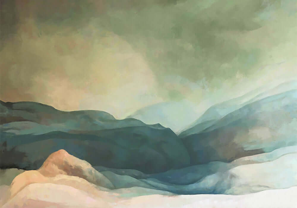 Landscape artistic conception wallpaper mural | Morandi color featuring hazy blue-green mountains and soft pastel tones